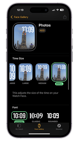 Apple Watch Face Gallery showing time options: 10:09 in various sizes and fonts.
