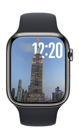 Apple Watch displaying the Empire State Building at 12:20.