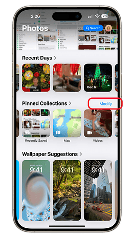 iPhone displaying the Photos app with options for Recent Days, Pinned Collections, and Wallpaper Suggestions.