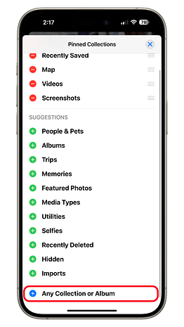 A phone screen displaying 'Pinned Collections' with various categories and an option to add 'Any Collection or Album'.