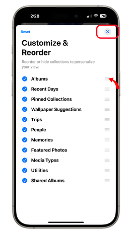 iPhone screen displaying 'Customize & Reorder' options in iOS 18 settings.