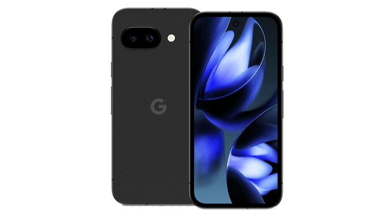 Google Pixel 9A -smartphone, som visar fram- och bakdesign med en blommig mönstrad skärm.