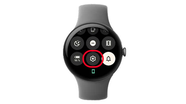 Google Pixel Watch displaying settings menu with gear icon highlighted.