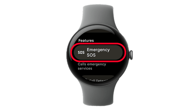 Google Pixel Watch displaying 'Emergency SOS' feature, which calls emergency services.