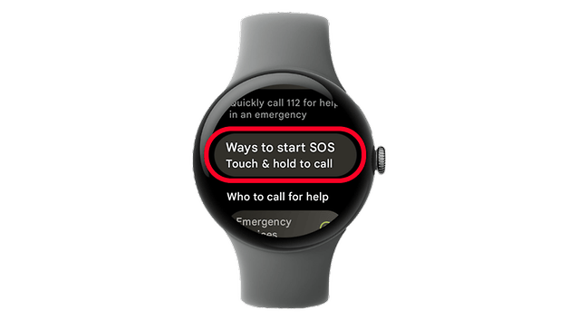 Google Pixel Watch displaying 'Ways to start SOS' with 'Touch & hold to call' instruction.