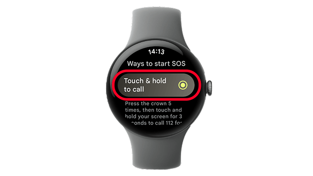 Google Pixel Watch screen showing SOS options with 'Touch & hold to call' highlighted.