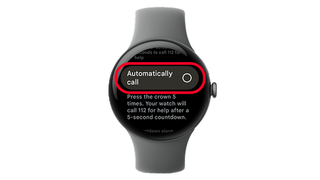 A Google Pixel Watch displaying an option to automatically call emergency services with instructions.