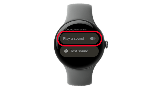 Google Pixel Watch displaying countdown alarm settings with options to play a sound and test sound.