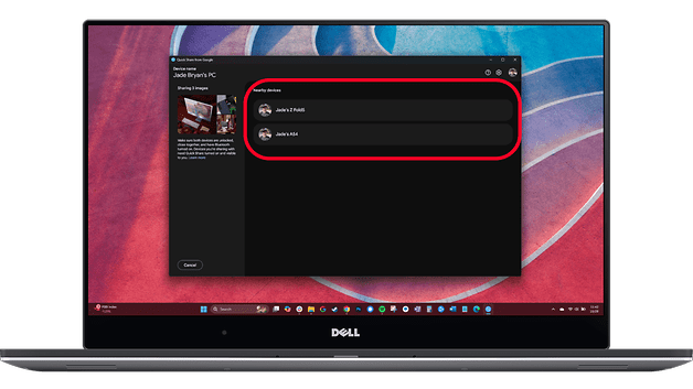 Laptop screen displaying Google Quick Share options with nearby devices.