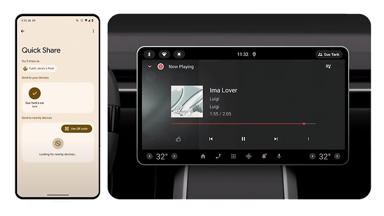 A smartphone displays Quick Share options; a car screen shows music playback details for 'Ima Lover' by Luigi. A smartphone displays Quick Share options; a car screen shows music playback details for 'Ima Lover' by Luigi.