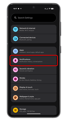 Android settings menu displaying options like Network & internet, Notifications, and Storage.