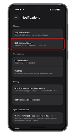 Android notifications settings showing options for notification history and app notifications.