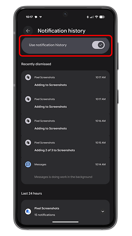 Android phone screen displaying notification history settings.