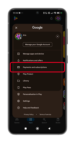 Google app interface showing menu options including Payments and subscriptions.