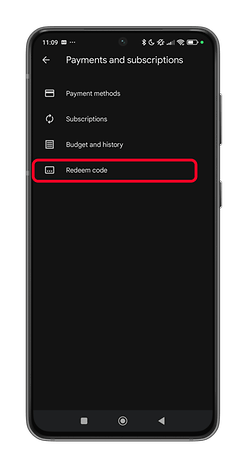 Mobile screen displaying 'Payments and subscriptions' menu with 'Redeem code' option highlighted.