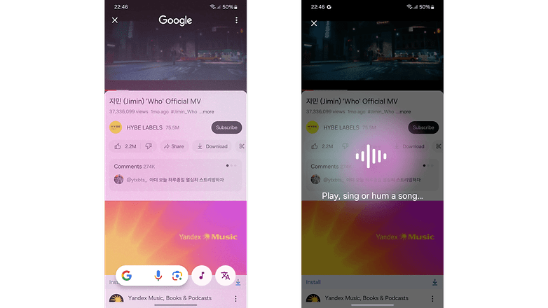 Screenshots der Musiksuche in Samsungs Circle to Search