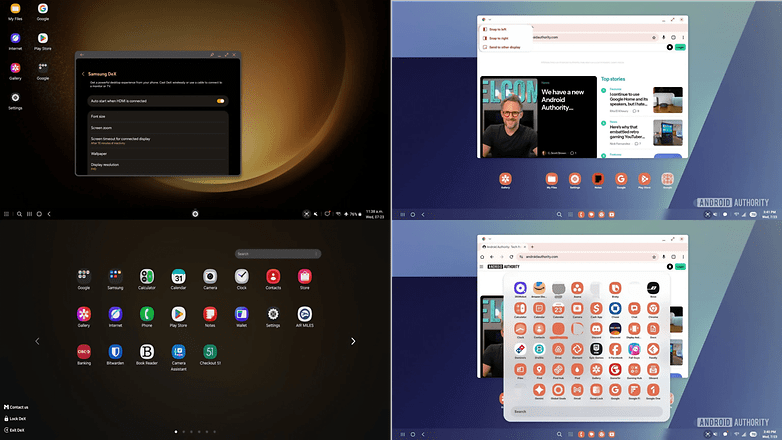 Samsung DeX interface showing app options and a web browser window.