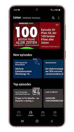 Samsung Podcasts app interface showing episode details and new episodes.