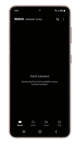 Samsung TV Plus app displaying a 'Can't connect' message for Samsung Free availability.