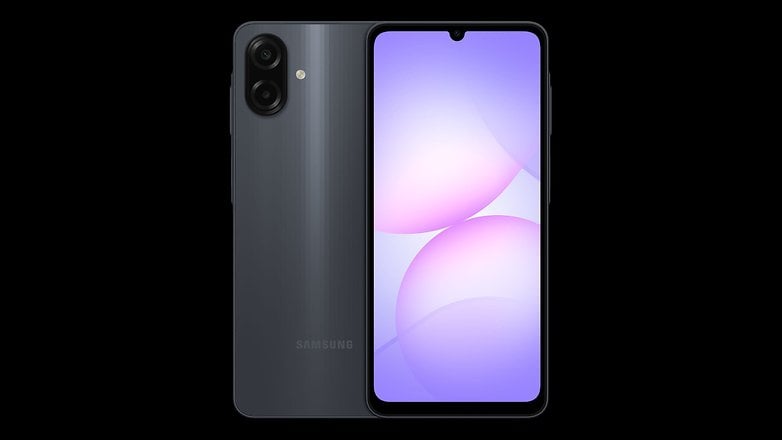 Samsung Galaxy A07 smartphone with a purple gradient display and dual rear cameras. Samsung Galaxy A07 smartphone with a purple gradient display and dual rear cameras.
