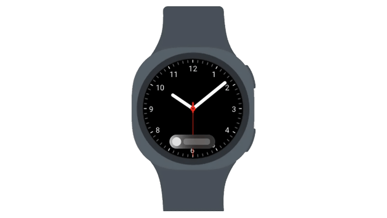 The Now Bar widget or complication feature shown on a Galaxy Watch. The Now Bar widget or complication feature shown on a Galaxy Watch.