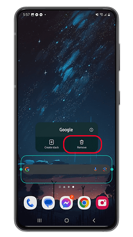 Tela do Android mostrando um widget do Google.