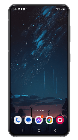 A smartphone displaying a starry night wallpaper with various app icons on the bottom.