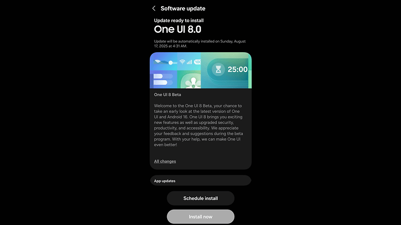 Software update for One UI 8.0 ready to install on a Samsung Galaxy S24 Ultra. Software update for One UI 8.0 ready to install on a Samsung Galaxy S24 Ultra.