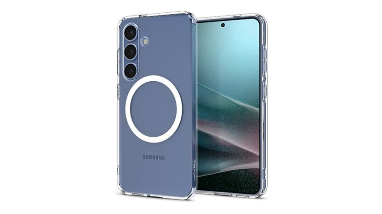 Samsung Galaxy S25 Plus-Smartphone von hinten mit klarem Case und drei Rückkameras.