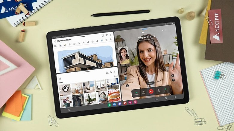 Samsung Galaxy Tab A9+ menunjukkan berbilang tugas semasa membuat panggilan video