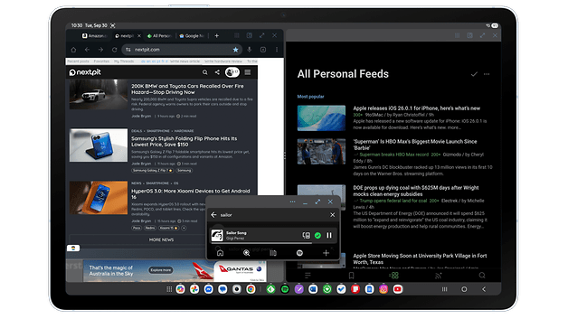 Samsung Galaxy Tab S10 FE displaying a web page with articles and a chat window.