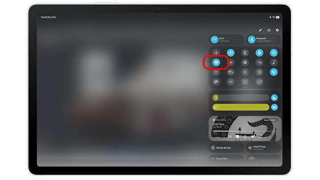 Samsung Galaxy Tab S10 FE displaying a control panel with Wi-Fi and Bluetooth options.