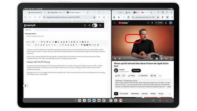 Samsung Galaxy Tab S10 FE displaying a split screen with a text editor and a YouTube video.