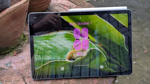 Samsung Galaxy Tab S10 FE displaying a frog on a leaf with a date and time screen.