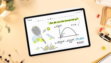A Samsung Galaxy Tab S10 FE displaying a math problem about the trajectory of a tennis ball.