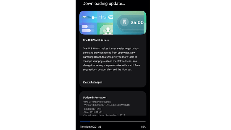 Samsung Galaxy Watch 7 update screen showing progress, time left, and new features. Samsung Galaxy Watch 7 update screen showing progress, time left, and new features.