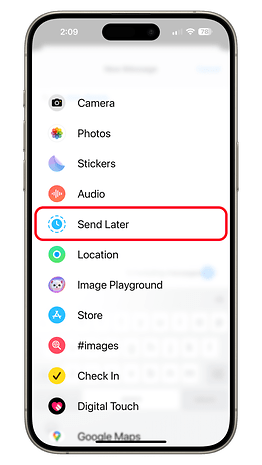 A phone screen displaying messaging options with 'Send Later' highlighted.