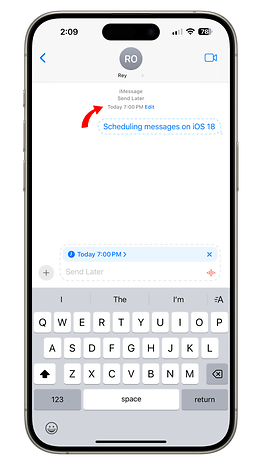 iPhone screen showing iMessage with 'Scheduling messages on iOS 18' and a send later option.