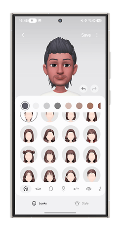 Écran de personnalisation d'avatar avec un personnage 3D et différentes options de coiffure.