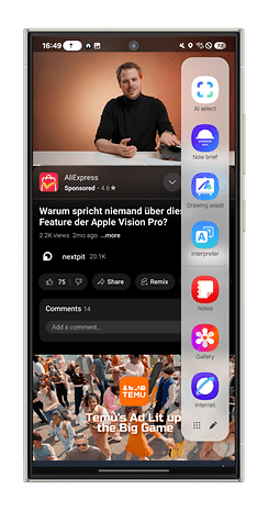 Un smartphone affichant un post sponsorisé d'AliExpress avec vidéo et options d'application sur le côté.