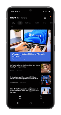 Samsung phone displaying a news app with tech articles, including Windows 11 update.