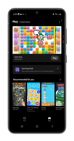 Samsung phone screen displaying the Gaming Hub with various game options.