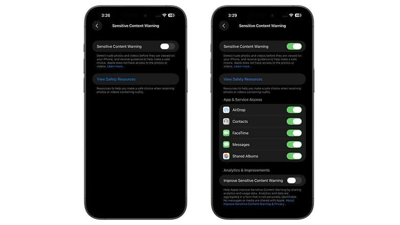 iPhone settings showing 'Sensitive Content Warning' options and app access features.