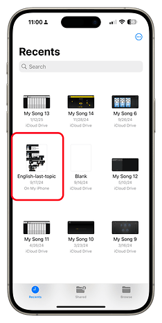 Uma tela de smartphone exibindo arquivos recentes, destacando 'English-last-topic'.