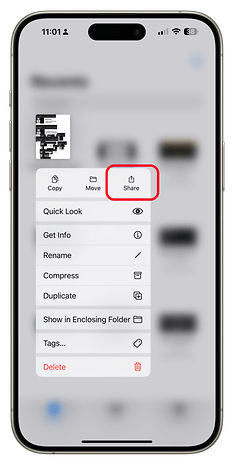 Tela de iPhone exibindo opções de arquivo, incluindo Copiar, Mover e Compartilhar.
