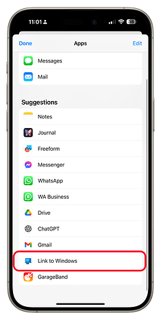 Tela de iPhone mostrando sugestões de aplicativos, incluindo 'Link para Windows'.