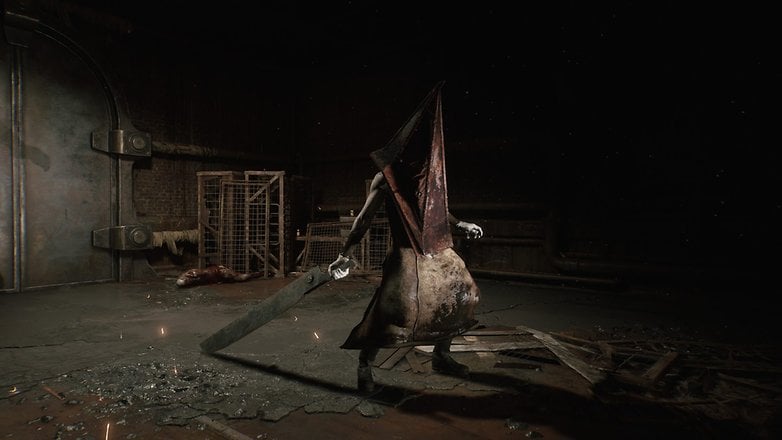 A character with a pyramid-shaped head holding a large sword in a dark, industrial environment. A character with a pyramid-shaped head holding a large sword in a dark, industrial environment.