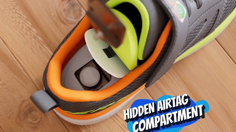 A top view of a Skechers shoe showing a hidden AirTag compartment. A top view of a Skechers shoe showing a hidden AirTag compartment.