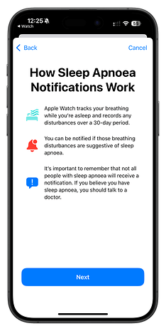 Tela do Apple Watch explicando as notificações de apneia do sono.