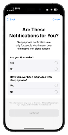 Tela do Apple Watch com perguntas sobre notificações de apneia do sono.